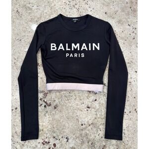 Balmain Paris Cropped Logo Long Sleeve Top Black Size 34 XS